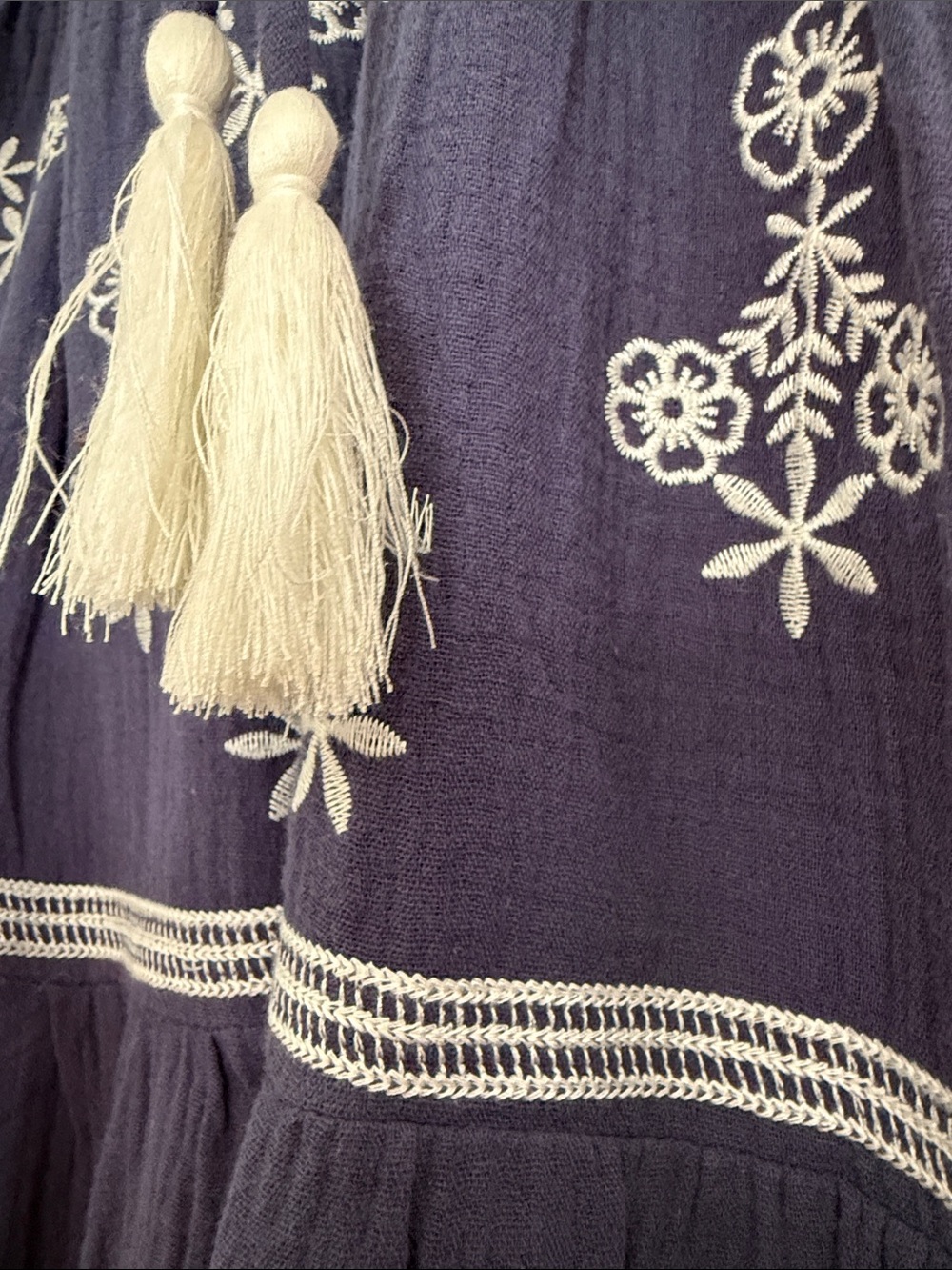 Easel Navy Embroidered Puff-Sleeve Maxi Dress with Tassel Tie - Picture 3 of 4